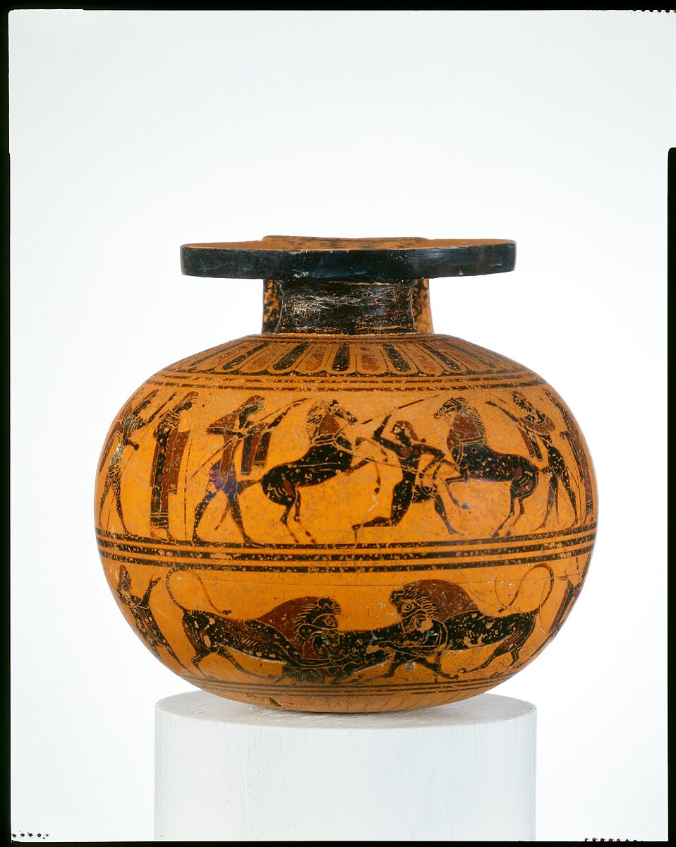 Terracotta aryballos (oil flask), Attributed to the Amasis Painter, Terracotta, Greek, Attic 
