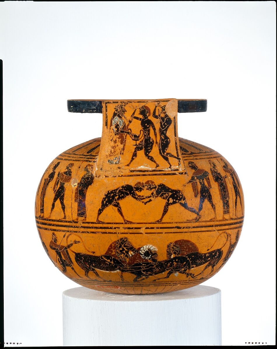 Terracotta aryballos (oil flask), Attributed to the Amasis Painter, Terracotta, Greek, Attic