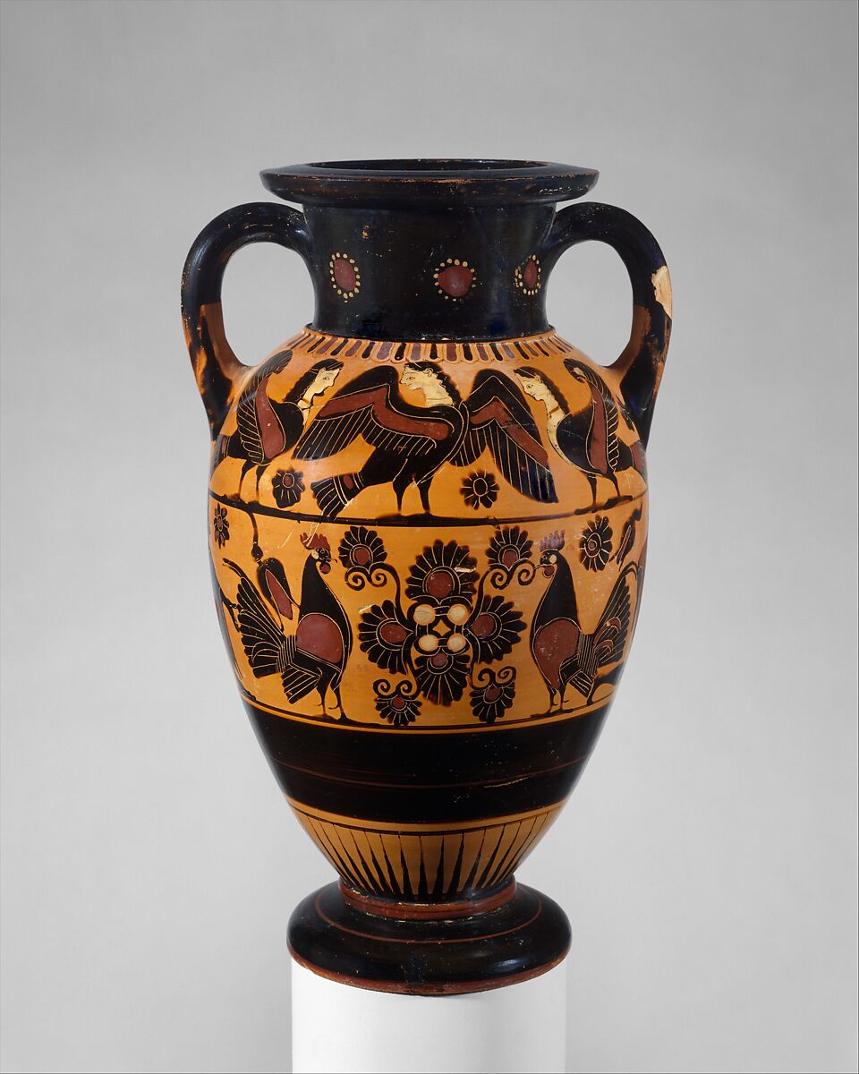 Terracotta neck-amphora (jar), Attributed to the Painter of the Cambridge Hydria, Terracotta, Greek, Chalcidian 