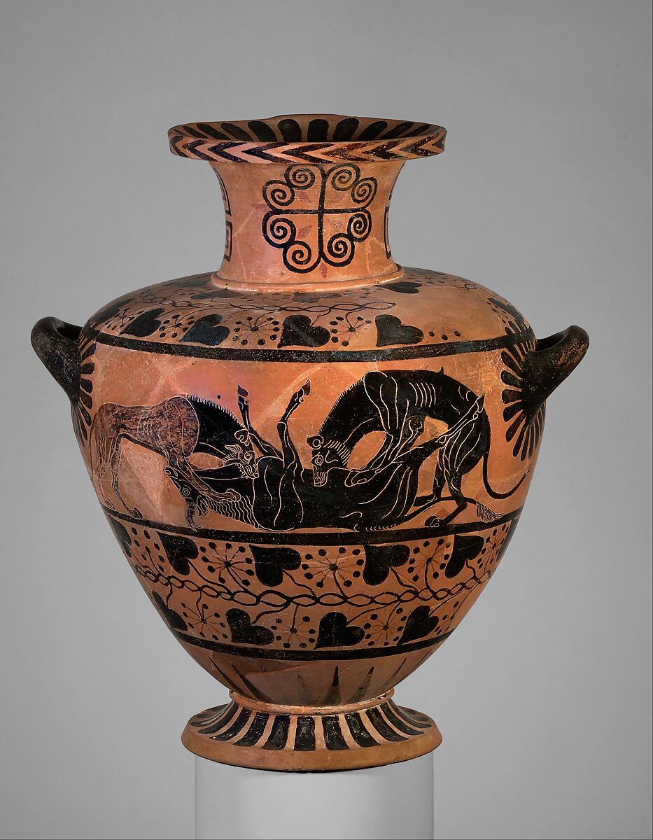 Terracotta hydria (water jar), Attributed to the Eagle Painter, Terracotta, Greek, Caeretan 
