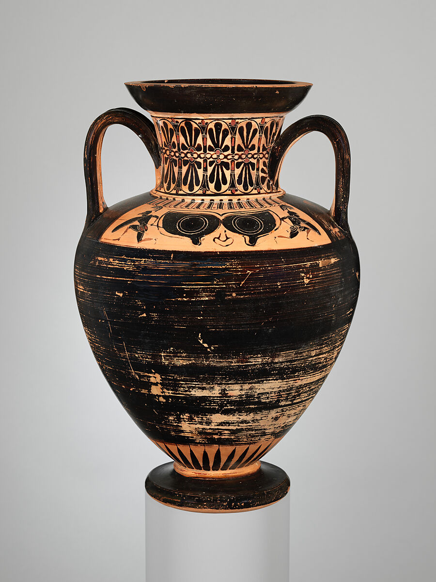 Terracotta neck-amphora (jar), Attributed to the Antimenes Painter, Terracotta, Greek, Attic