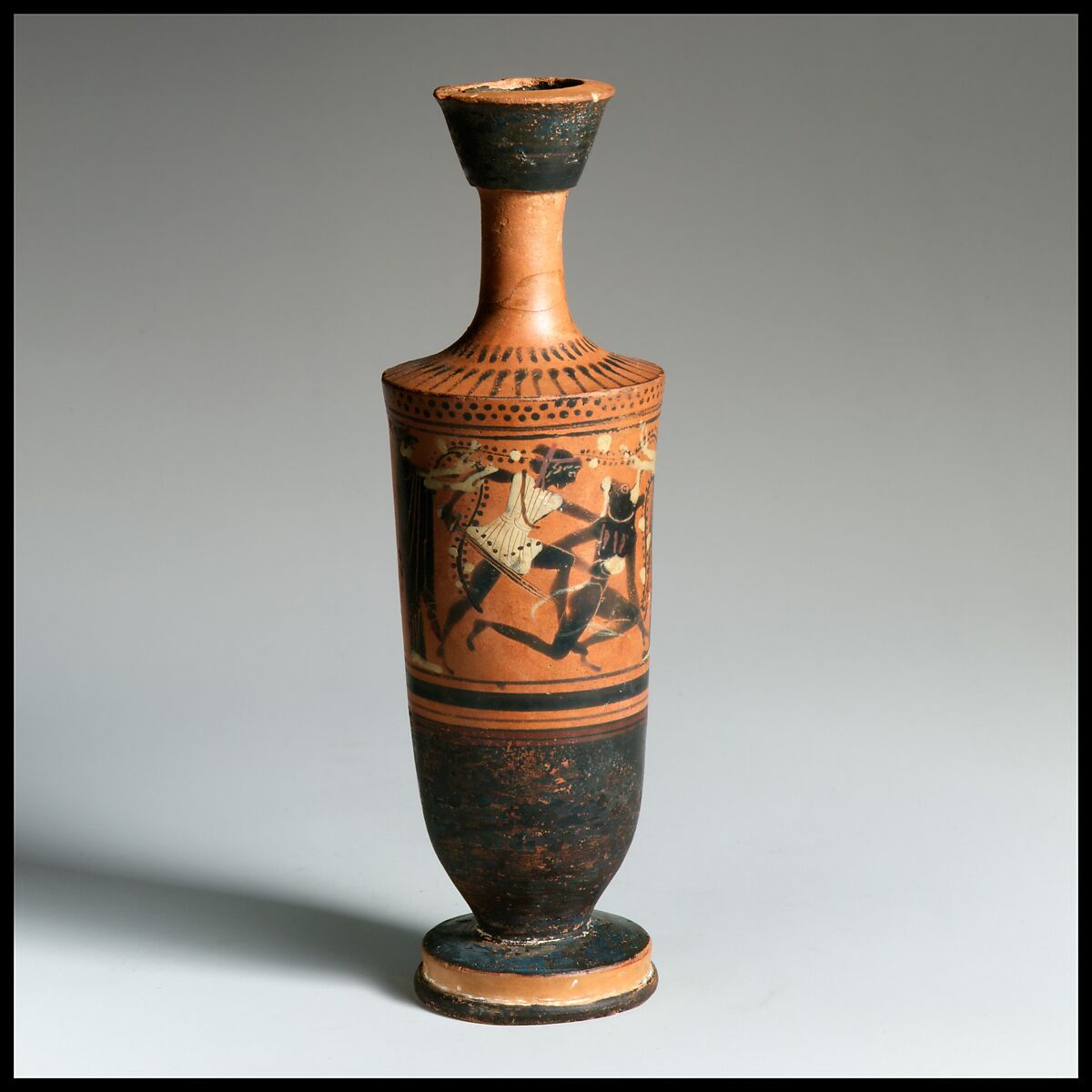 Terracotta lekythos (oil flask), Attributed to the Diosphos Painter, Terracotta, Greek, Attic 