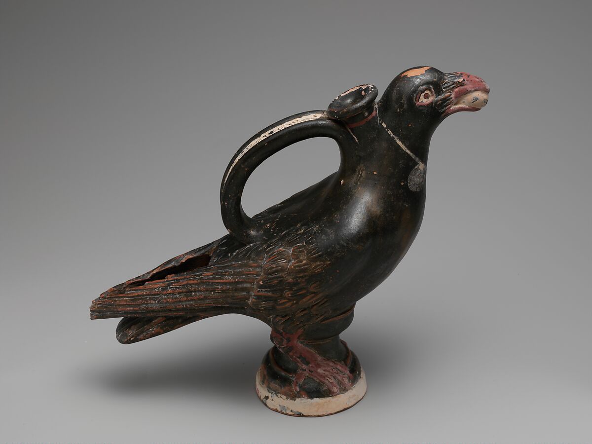 Terracotta askos (flask) in the form of a jackdaw, Terracotta, Etruscan 