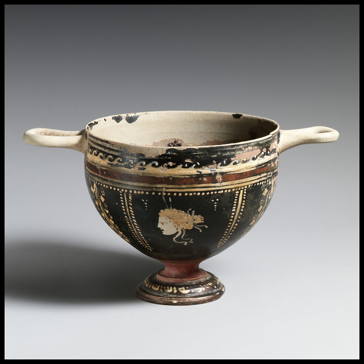 Terracotta skyphos (deep drinking cup), Attributed to the Ambrosiana Painter, Terracotta, Greek, South Italian, Apulian, Gnathian 