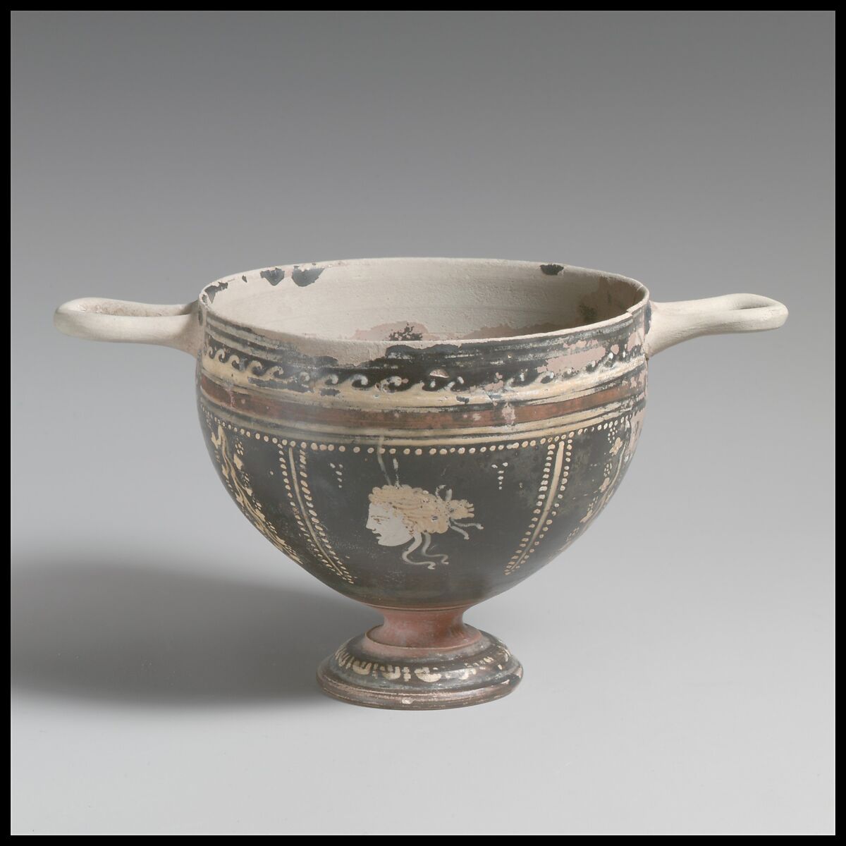 Terracotta skyphos (deep drinking cup), Attributed to the Ambrosiana Painter, Terracotta, Greek, South Italian, Apulian, Gnathian