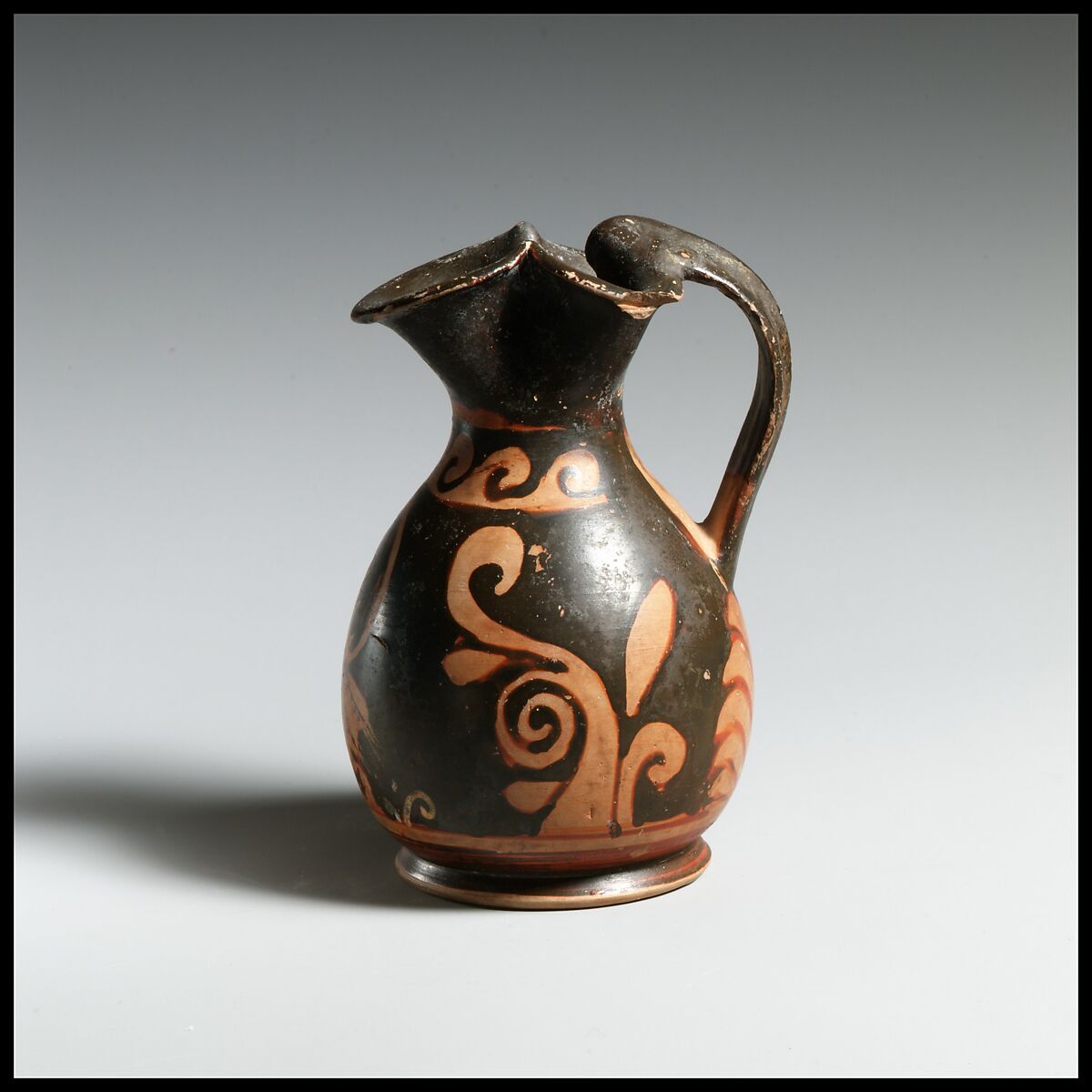 Terracotta oinochoe: chous (jug), Attributed to the Heavy Chin Group, Terracotta, Greek, South Italian, Paestan 