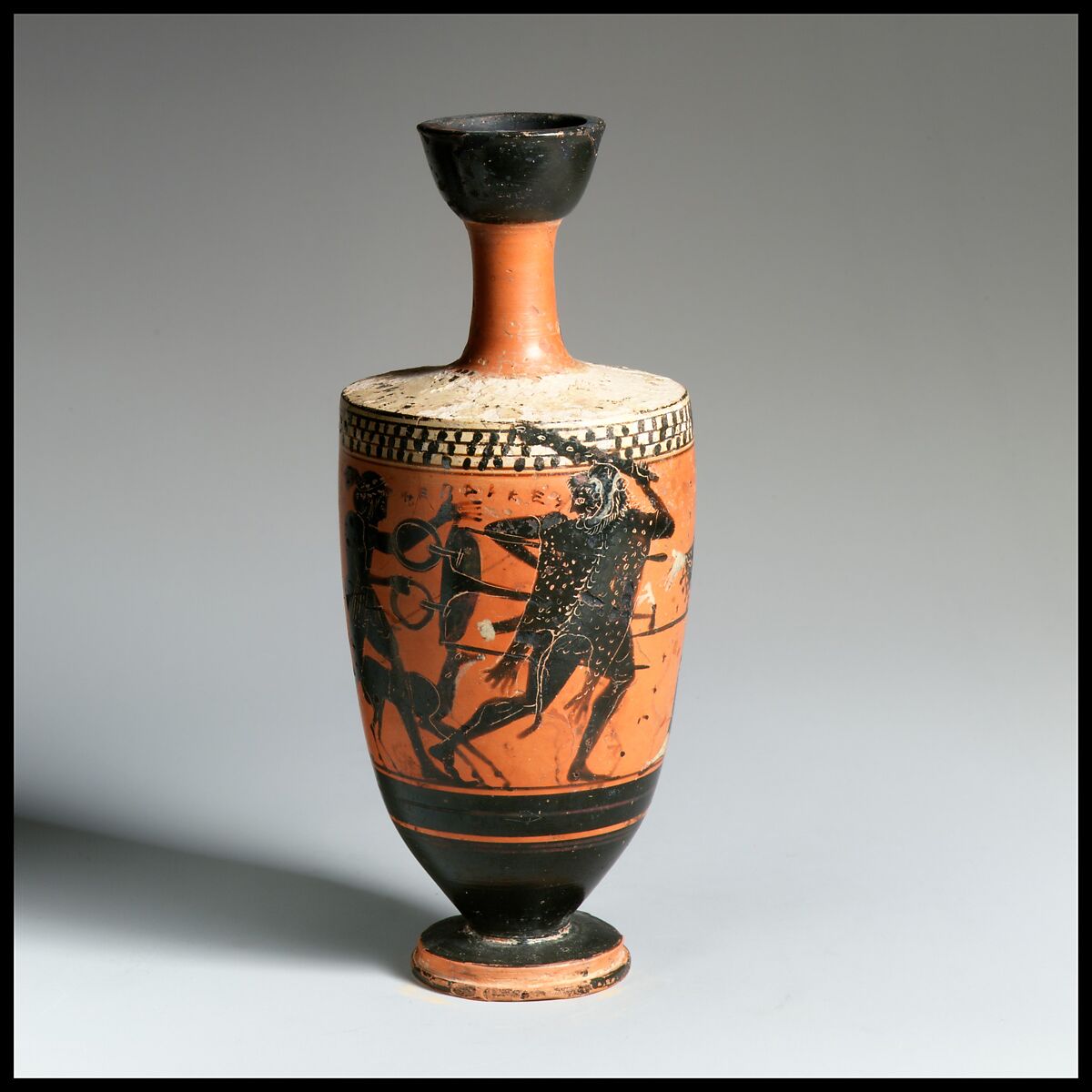 Terracotta lekythos (oil flask), Attributed to the manner of the Sappho Painter, Terracotta, Greek, Attic 
