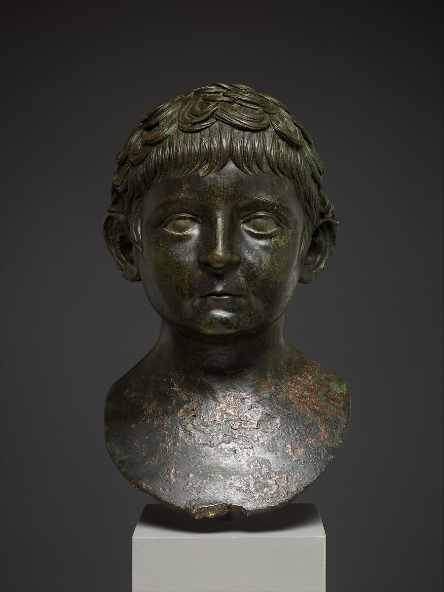 Bronze portrait bust of a young boy, Bronze, silver, Roman 