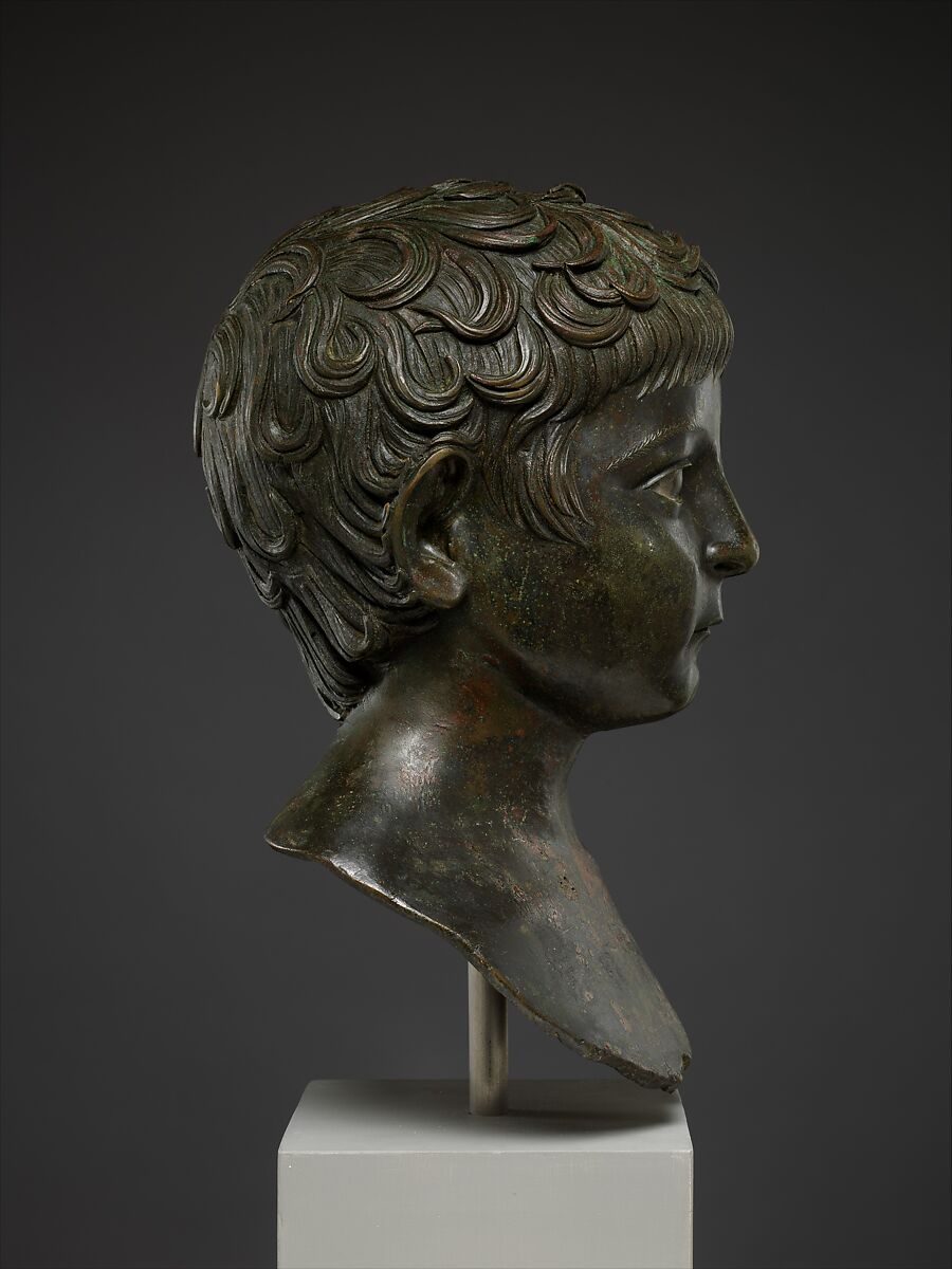 Bronze portrait bust of a young boy, Bronze, silver, Roman
