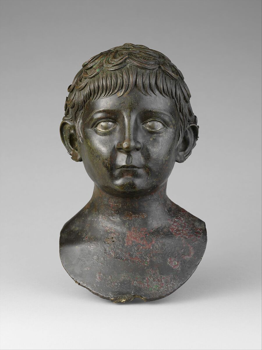 Bronze portrait bust of a young boy, Bronze, silver, Roman