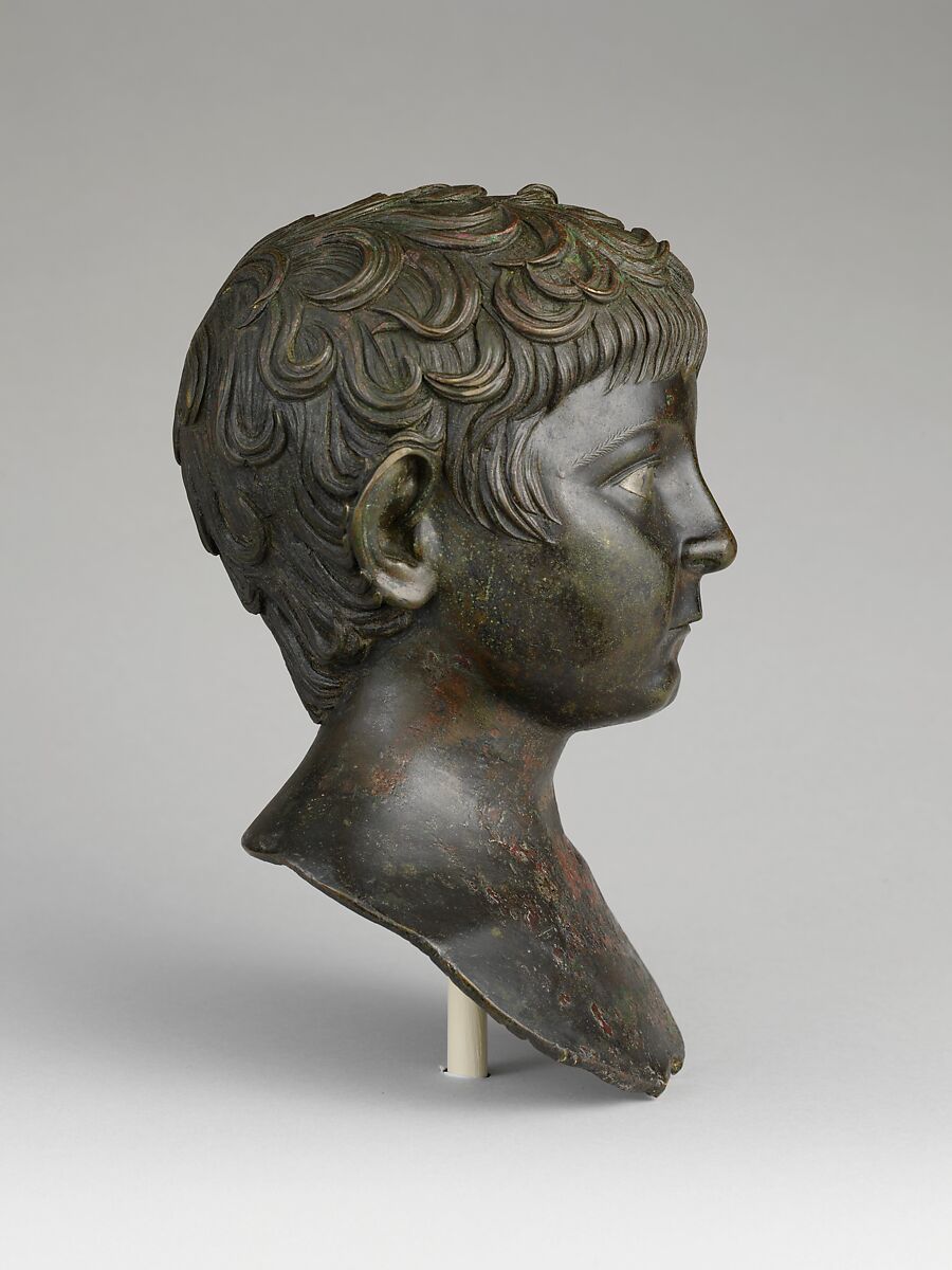 Bronze portrait bust of a young boy, Bronze, silver, Roman