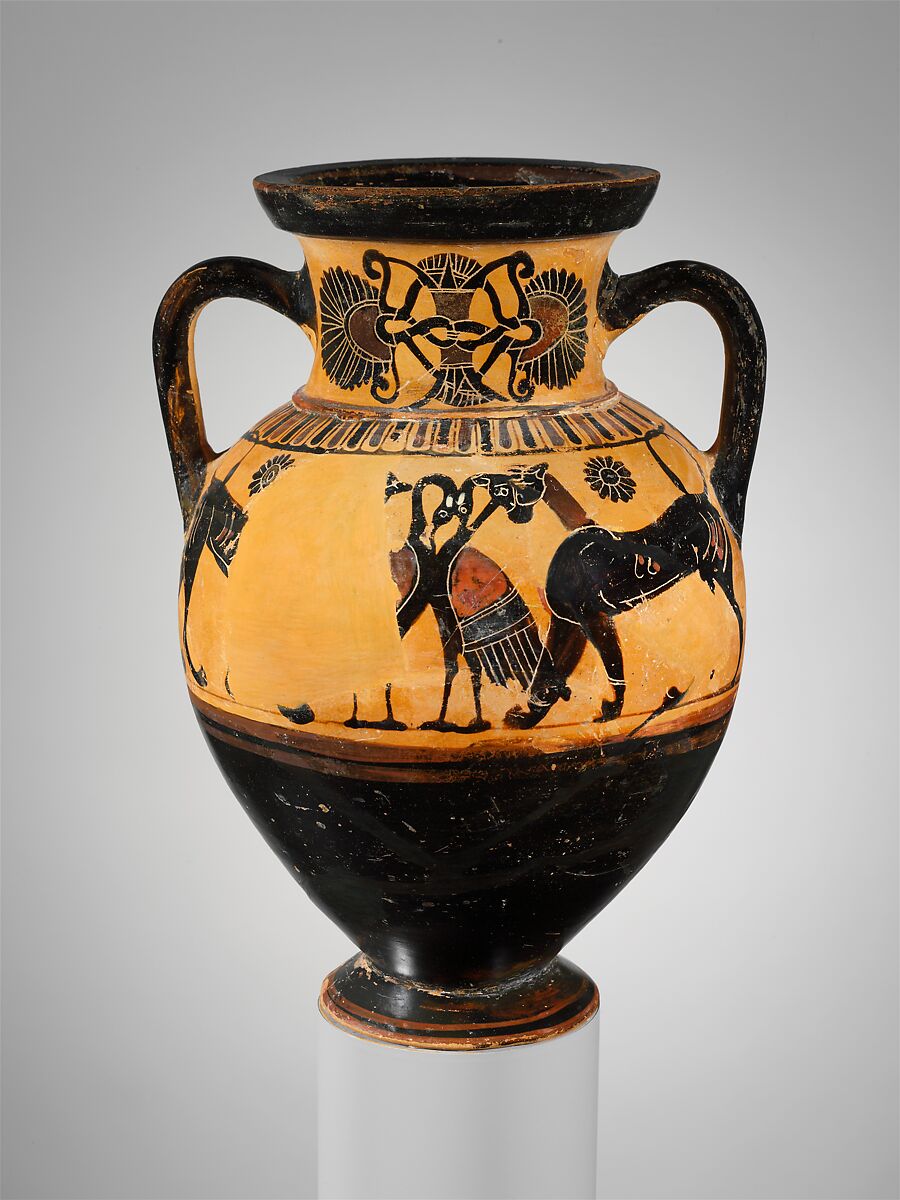 Terracotta neck-amphora (jar), Timiades Painter, Terracotta, Greek, Attic