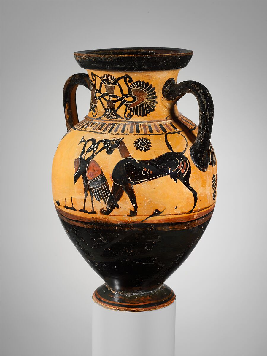 Terracotta neck-amphora (jar), Attributed to the Timiades Painter, Terracotta, Greek, Attic