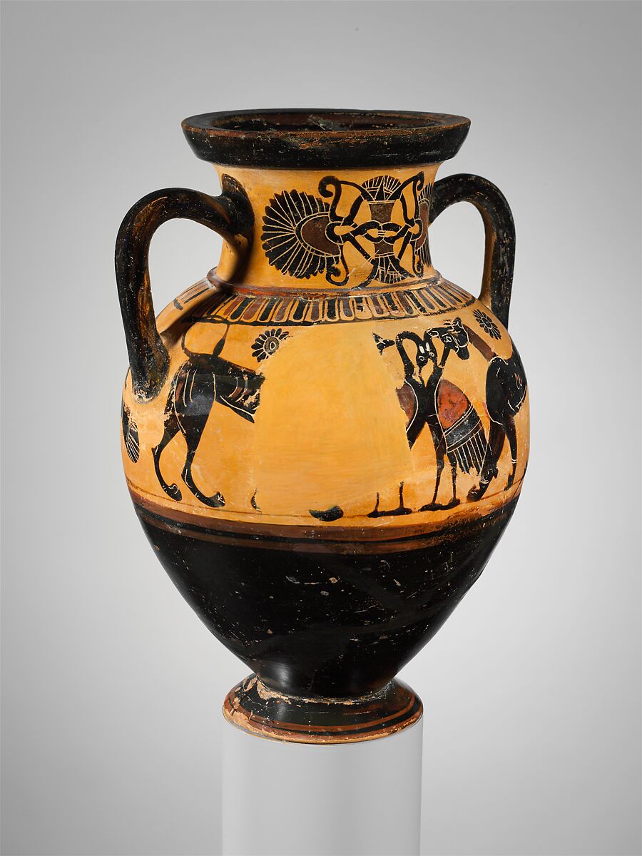 Terracotta neck-amphora (jar), Attributed to the Timiades Painter, Terracotta, Greek, Attic
