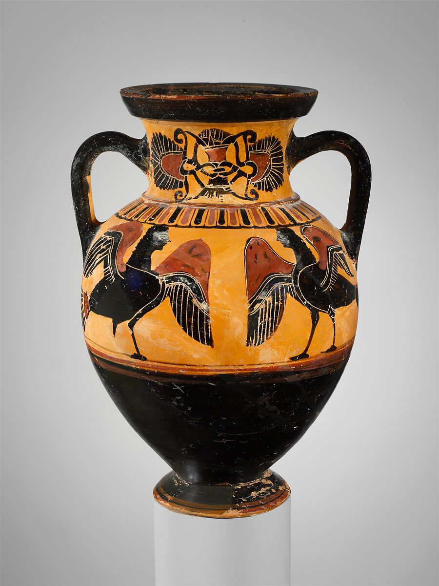 Terracotta neck-amphora (jar), Attributed to the Timiades Painter, Terracotta, Greek, Attic