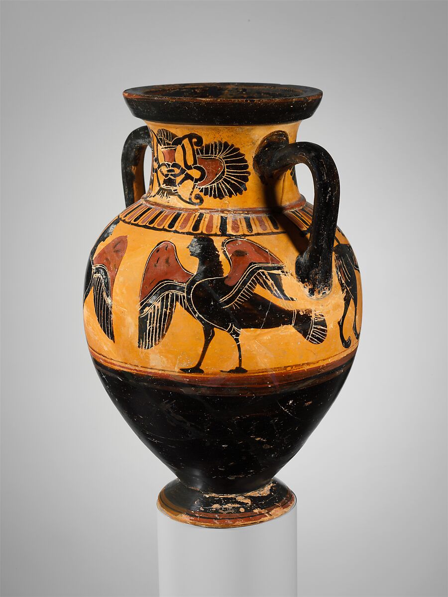 Terracotta neck-amphora (jar), Attributed to the Timiades Painter, Terracotta, Greek, Attic