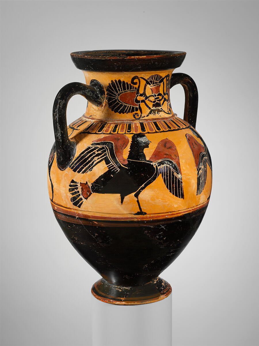 Terracotta neck-amphora (jar), Attributed to the Timiades Painter, Terracotta, Greek, Attic