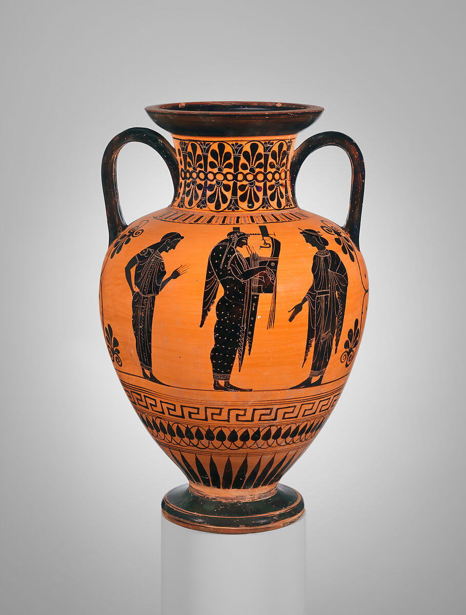 Neck-amphora, Attributed to the Pasikles Painter, Terracotta, Greek, Attic 
