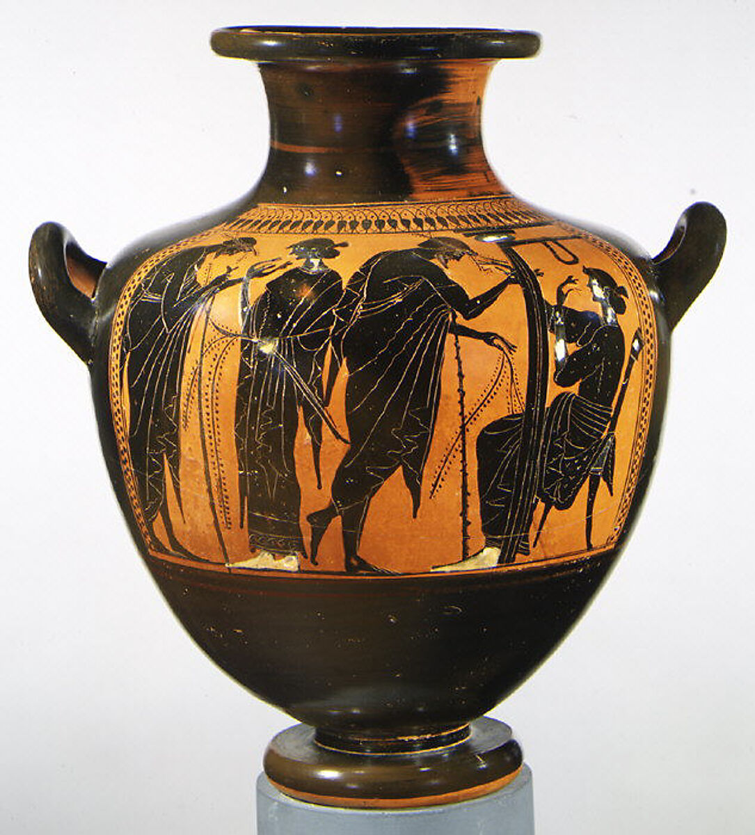 Terracotta hydria: kalpis (water jar), Attributed to the Eucharides Painter, Terracotta, Greek, Attic 