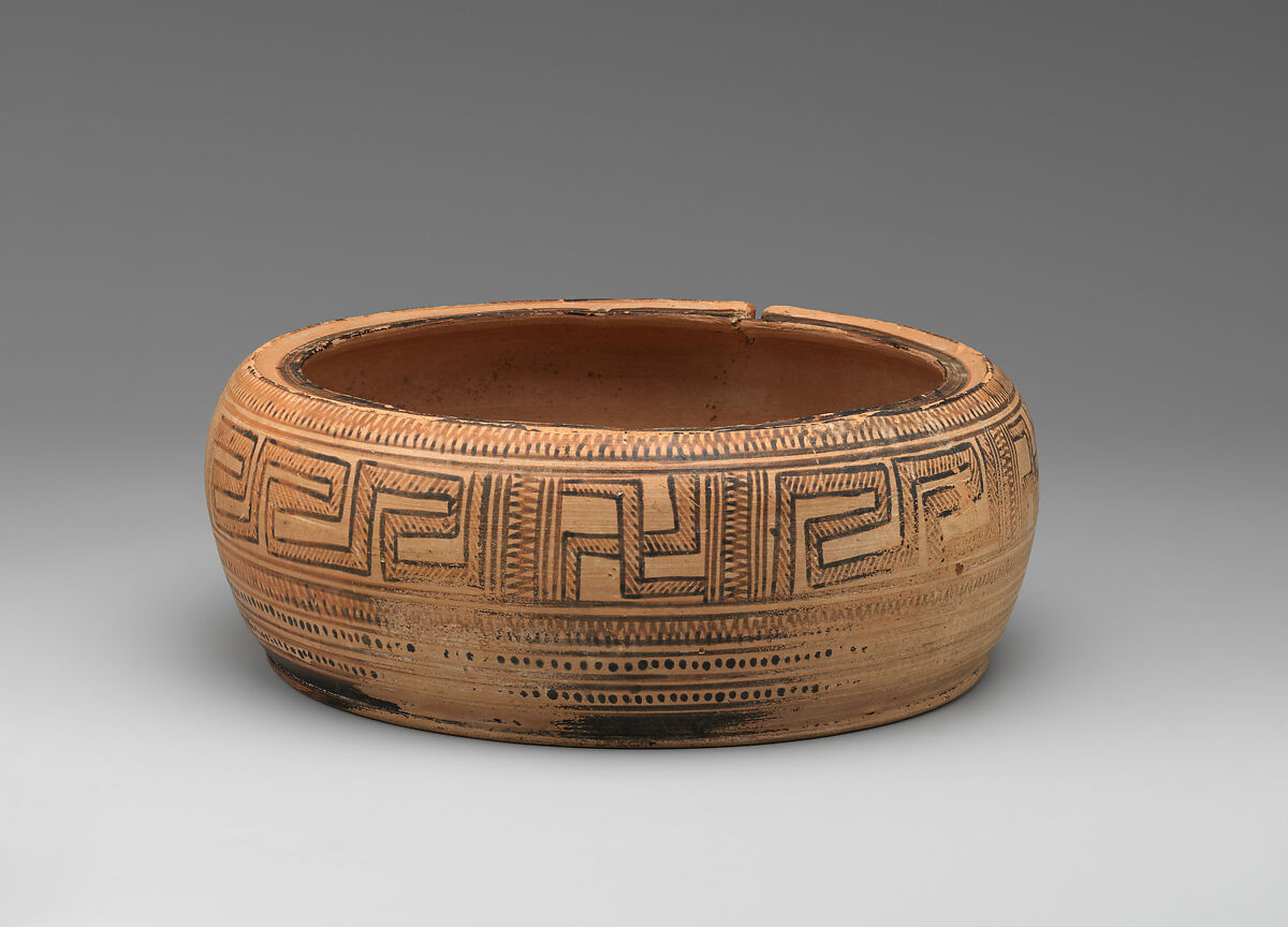 Terracotta pyxis (box with lid), Terracotta, Greek, Attic