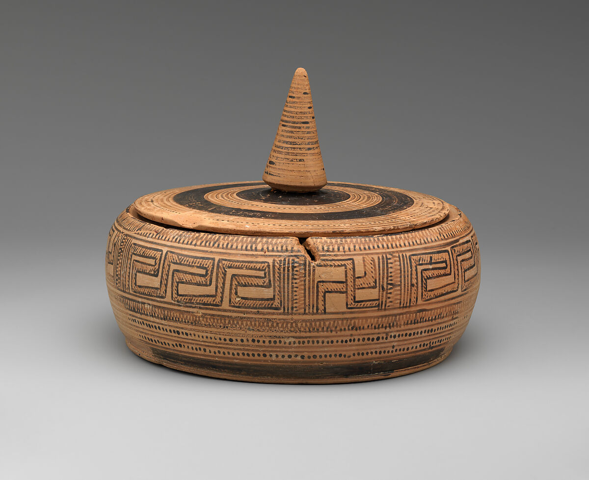 Terracotta pyxis (box with lid), Terracotta, Greek, Attic 