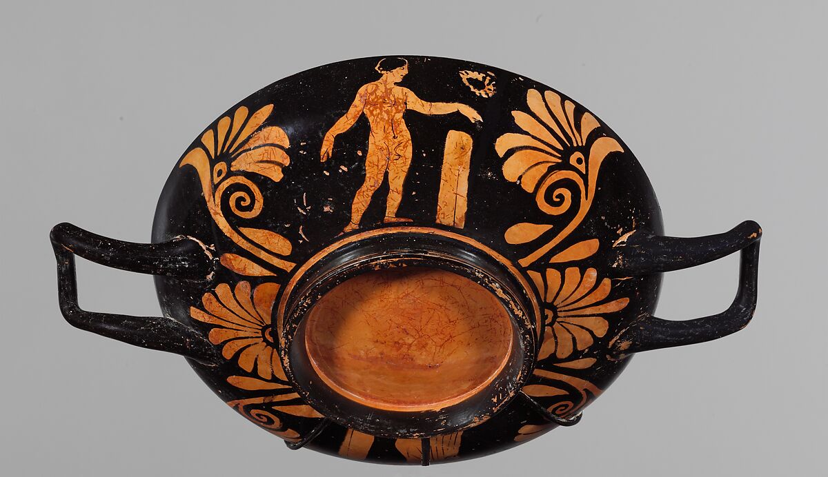 Terracotta stemless kylix (drinking cup), Attributed to the Painter of New York 69.232, Terracotta, Greek, South Italian, Lucanian