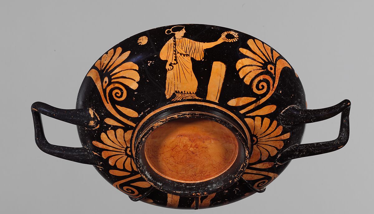 Terracotta stemless kylix (drinking cup), Attributed to the Painter of New York 69.232, Terracotta, Greek, South Italian, Lucanian