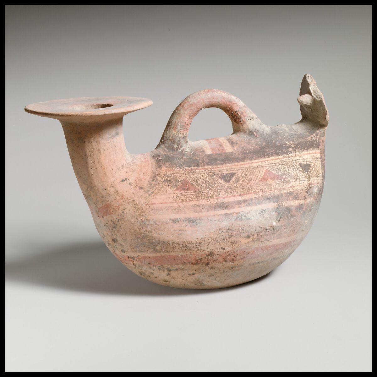 Terracotta askos (flask with a spout and handle over the top), Terracotta, Native Italic, Daunian