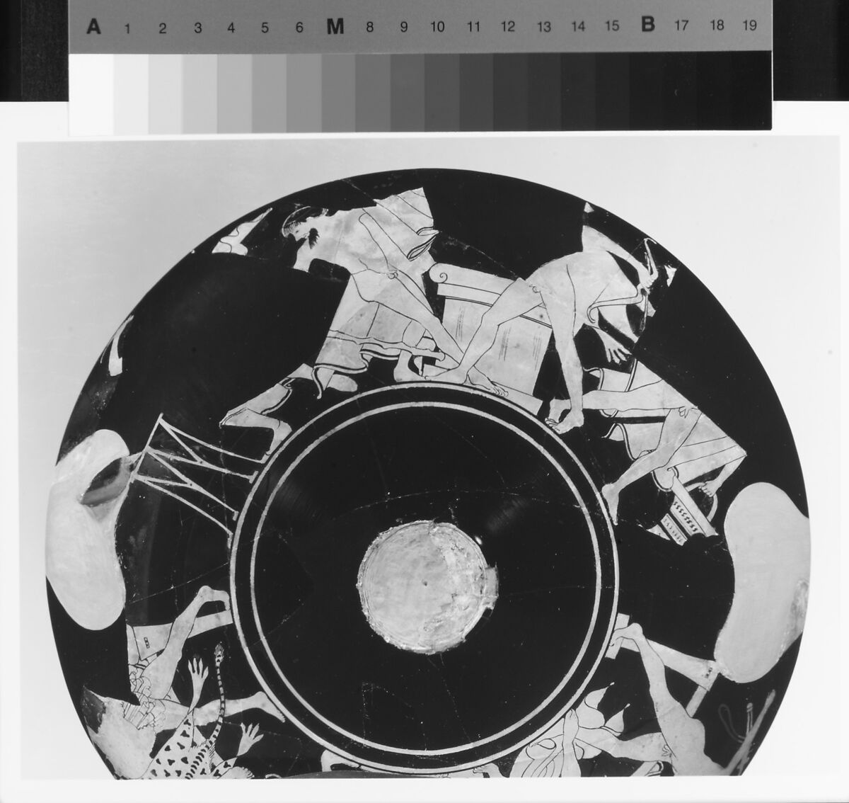 Eight fragments of a terracotta kylix, joining 12.231.2, Attributed to Onesimos as painter, Terracotta, Greek, Attic