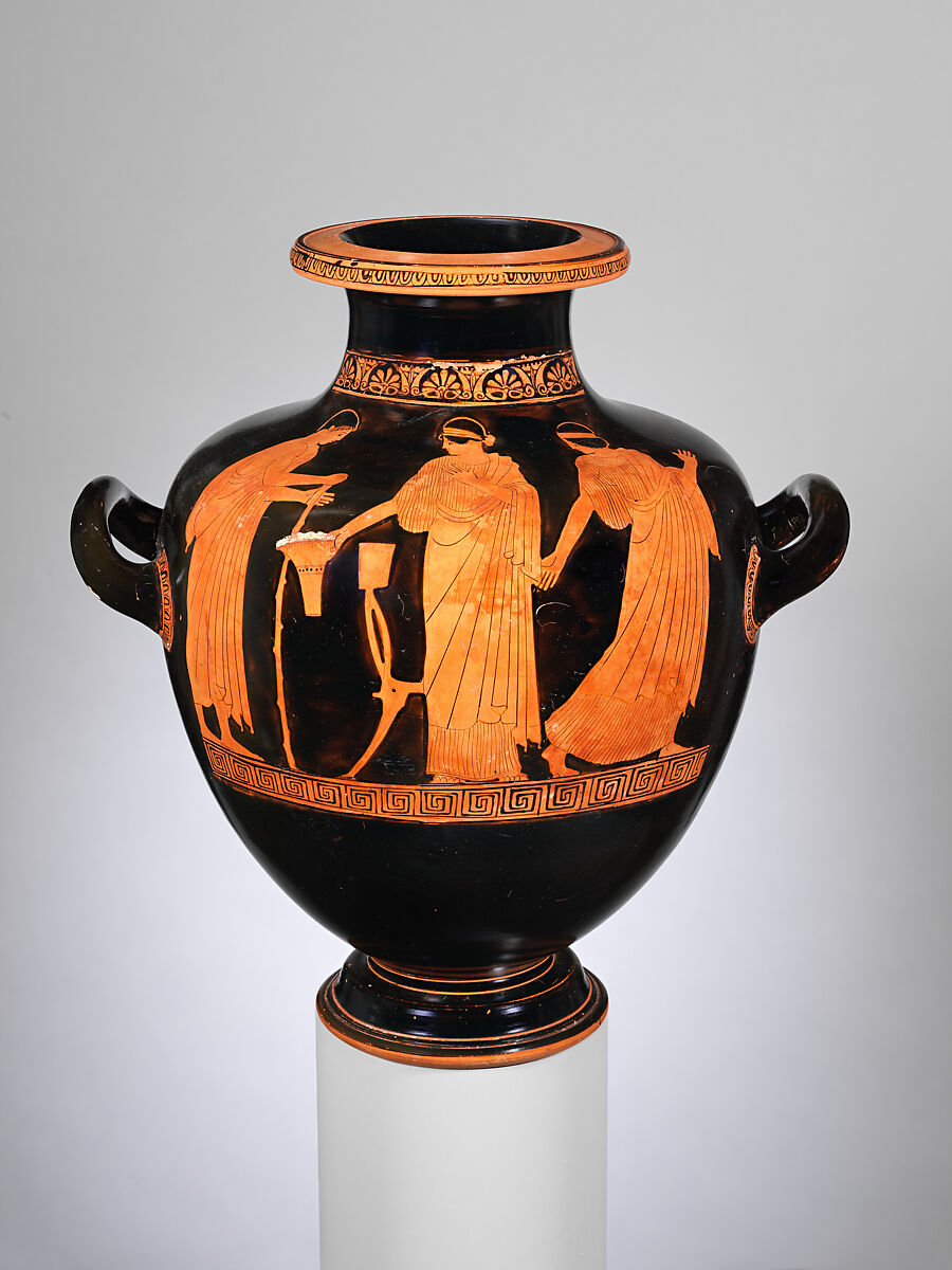Terracotta hydria: kalpis (water jar), Attributed to the Villa Giulia Painter, Terracotta, Greek, Attic 