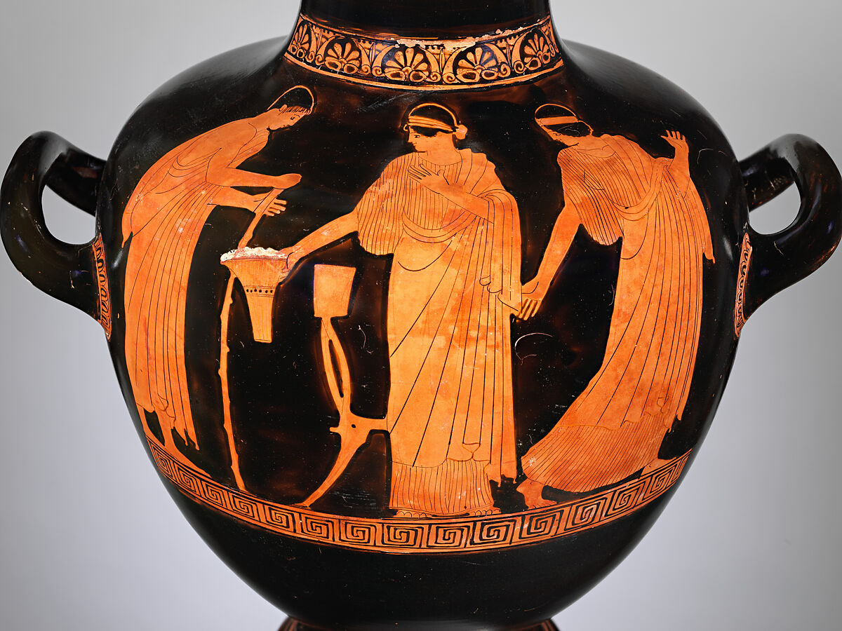 Terracotta hydria: kalpis (water jar), Attributed to the Villa Giulia Painter, Terracotta, Greek, Attic