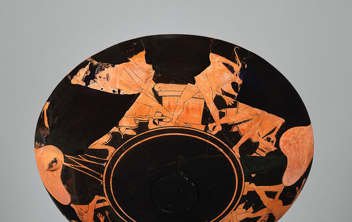 Two fragments of a terracotta kylix, join 12.231.2, Attributed to Onesimos as painter, Terracotta, Greek, Attic