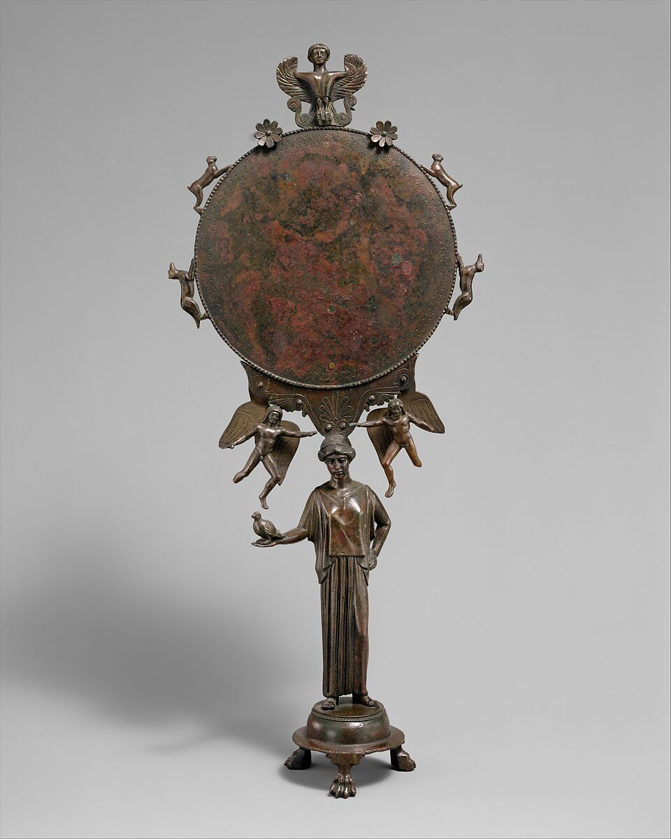 Bronze mirror with a support in the form of a draped woman, Bronze, Greek, Argive 