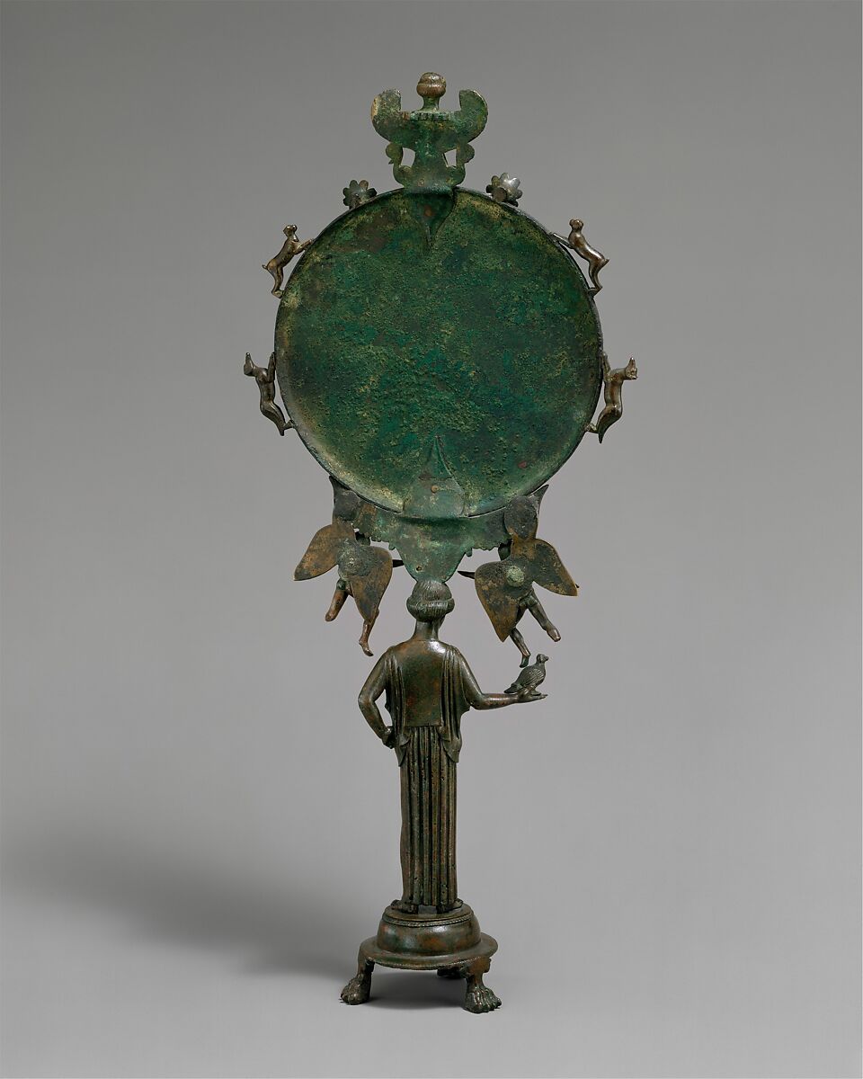 Bronze mirror with a support in the form of a draped woman, Bronze, Greek, Argive
