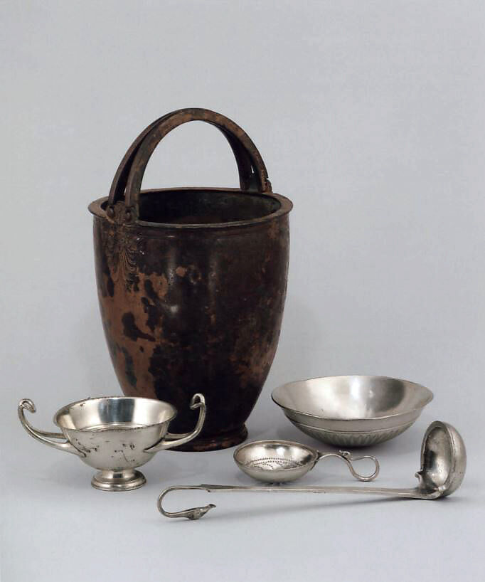 Bronze situla (bucket) with swinging handles, Bronze, silver, Greek 