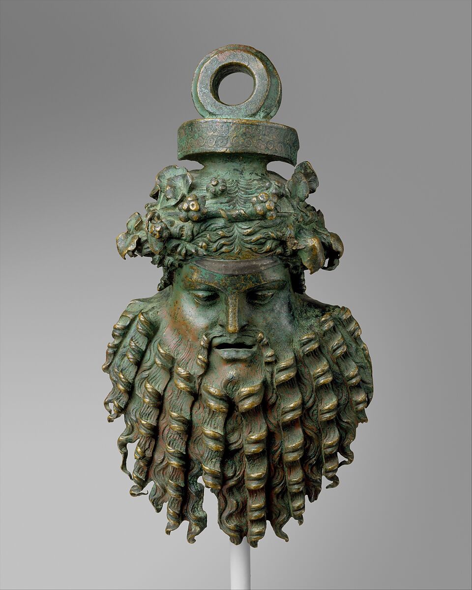 Bronze handle attachment in the form of a mask, Bronze, Greek or Roman