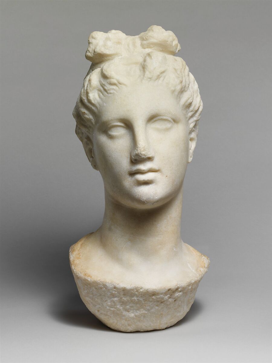 Marble head of a young woman from a funerary statue, Marble, Greek, Attic 