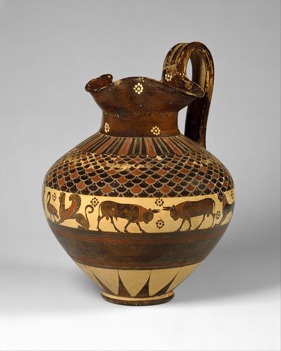 Terracotta oinochoe (wine jug), Attributed to the Chigi Group, Terracotta, Greek, Corinthian 