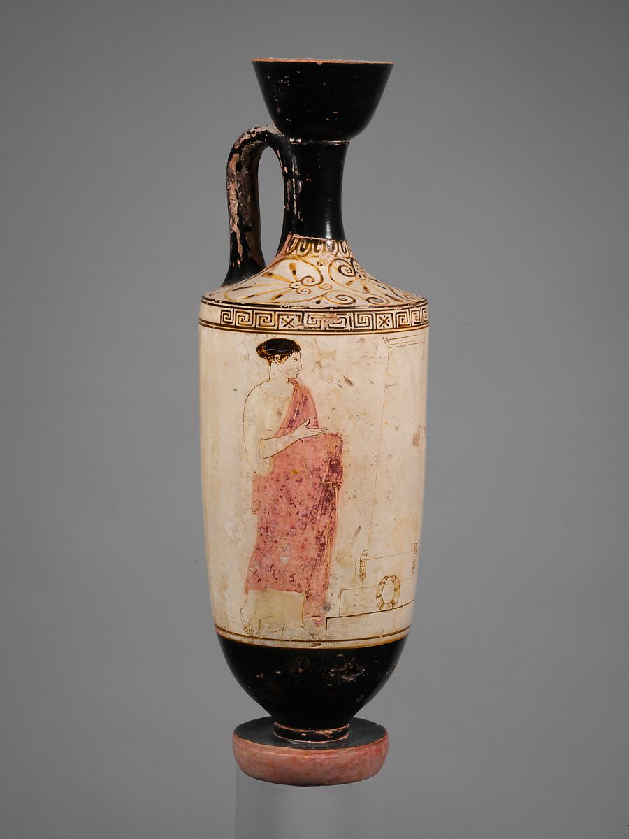 Terracotta lekythos (oil flask), Attributed to the Thanatos Painter, Terracotta, Greek, Attic 