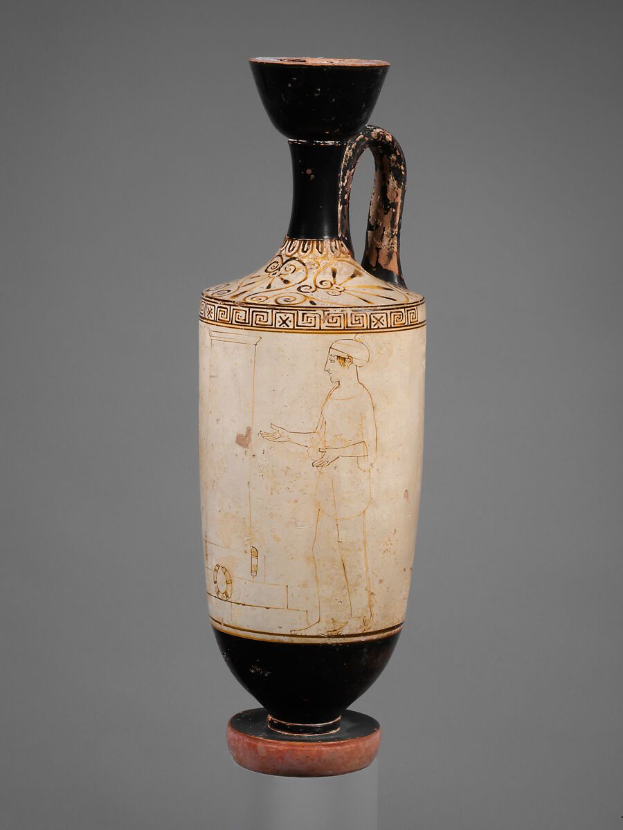 Terracotta lekythos (oil flask), Attributed to the Thanatos Painter, Terracotta, Greek, Attic