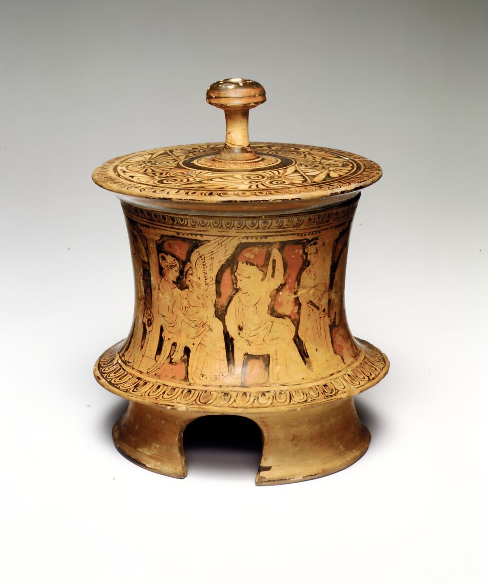 Terracotta pyxis (box), Terracotta, Greek, Attic
