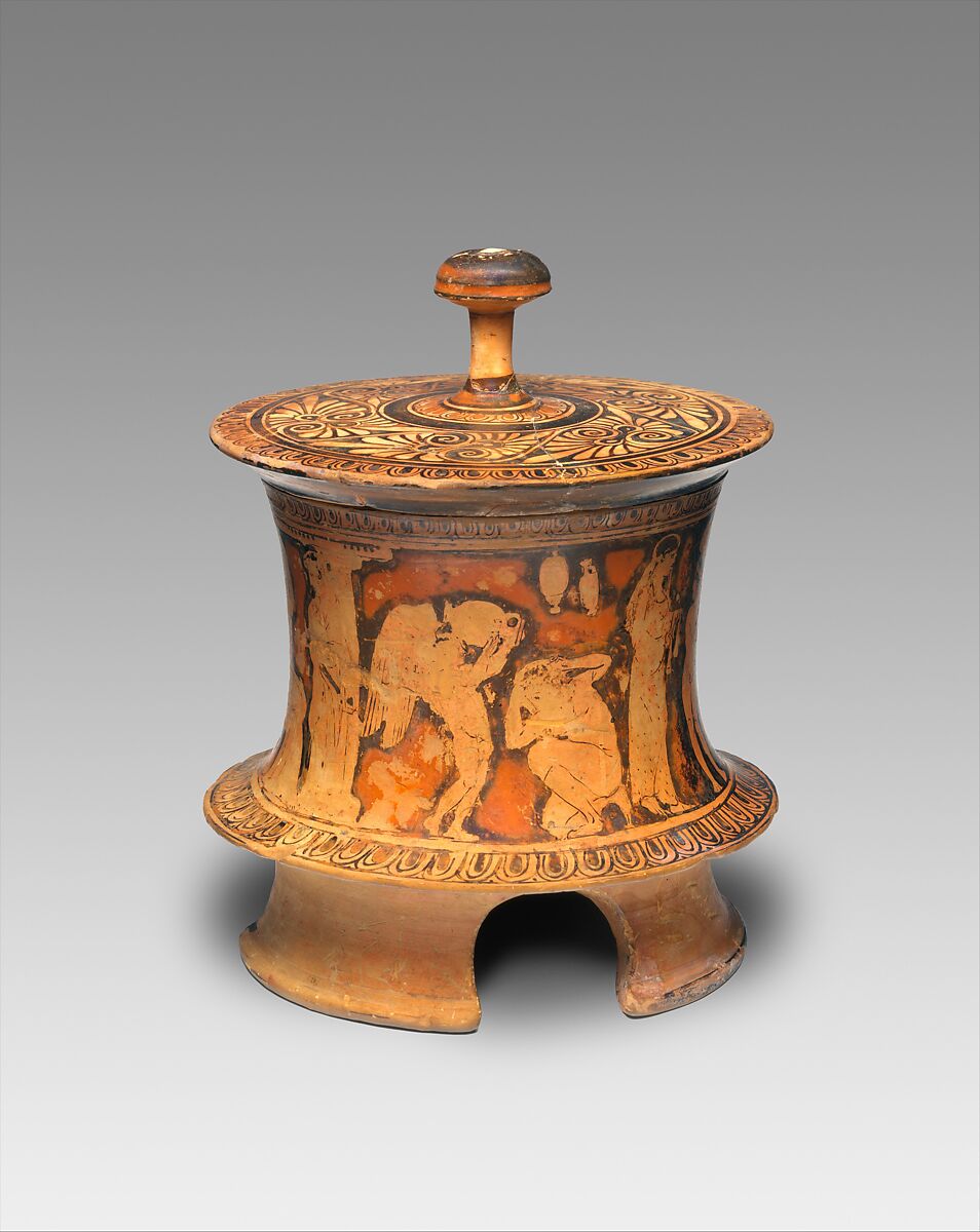 Terracotta pyxis (box), Terracotta, Greek, Attic 