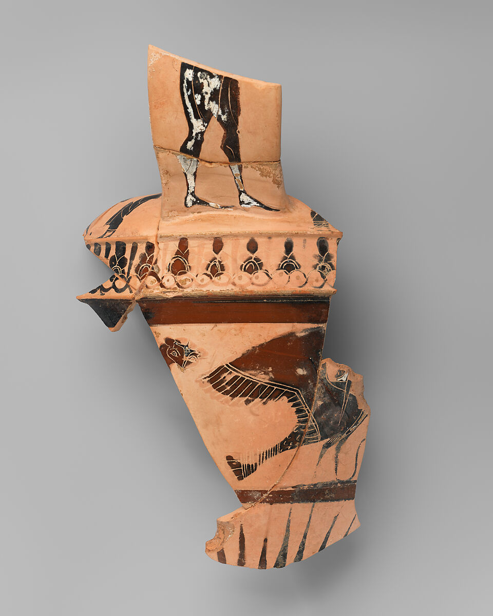 Terracotta fragmentary  neck-amphora, Signed by Nikosthenes as potter, Terracotta, Greek, Attic