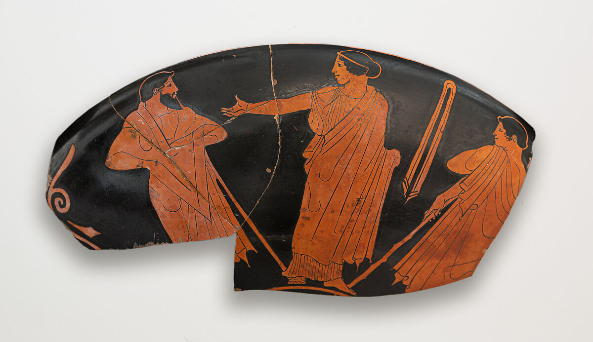 Kylix fragment, Attributed to Hermonax, Terracotta, Greek, Attic 