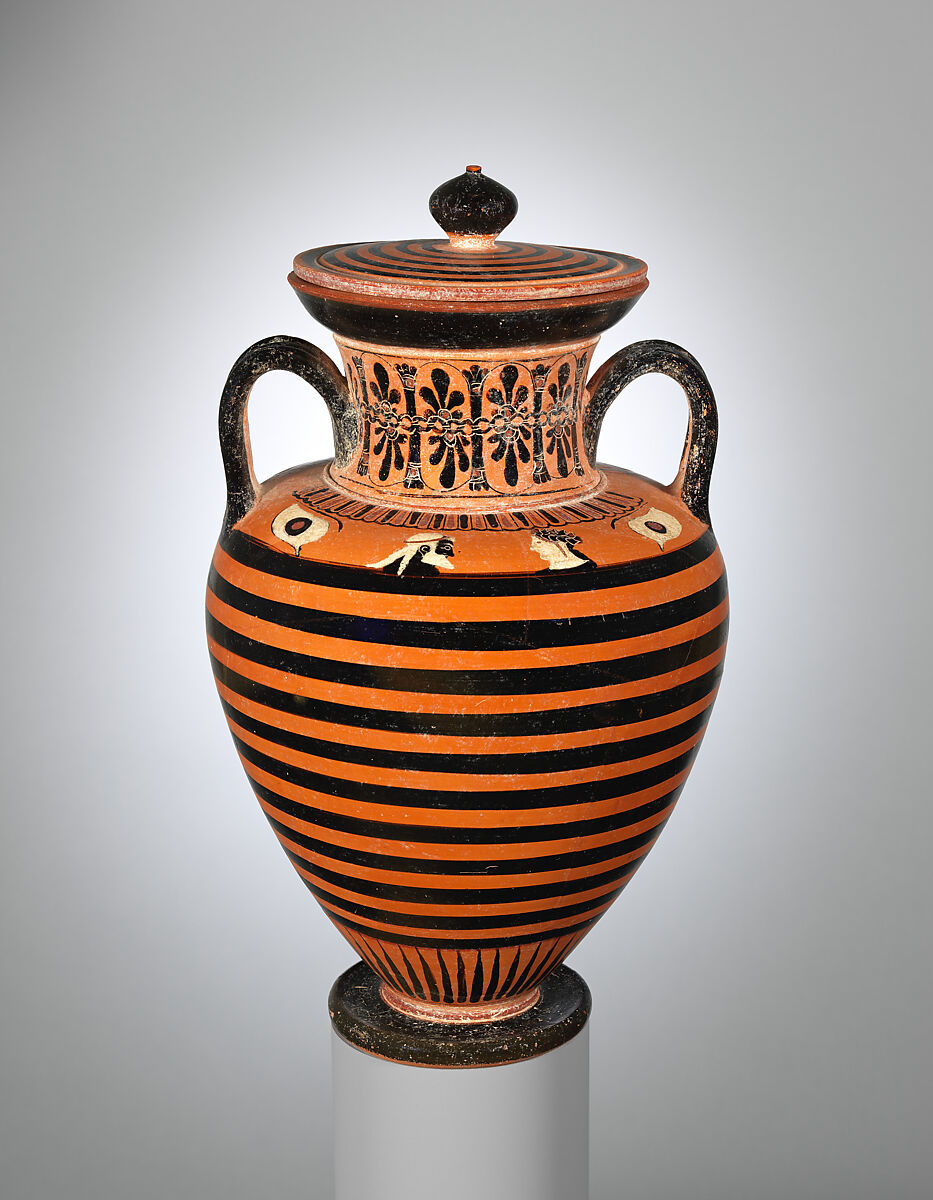 Terracotta neck-amphora (jar), Terracotta, Greek, Attic