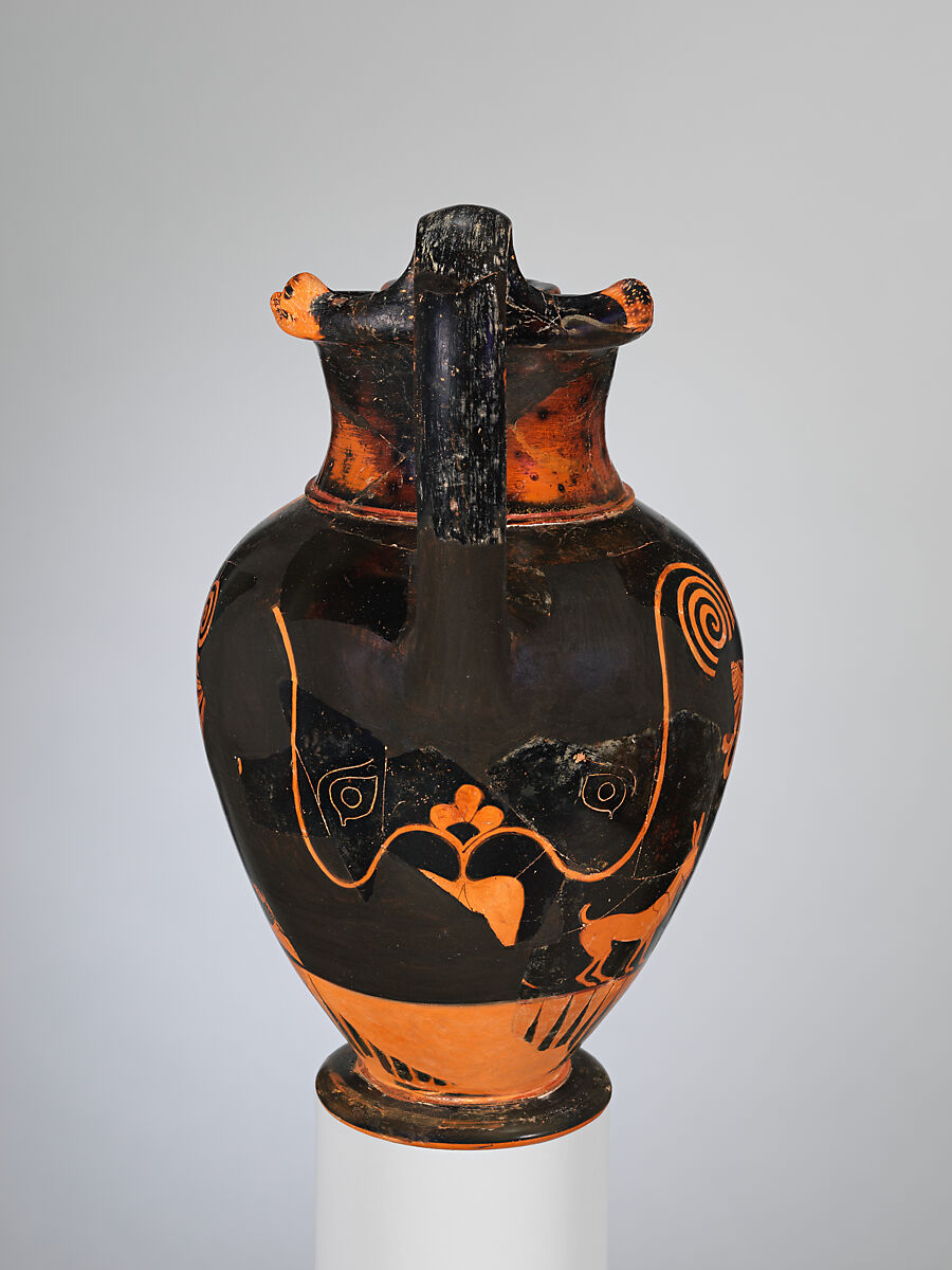 Terracotta oinochoe (jug), Attributed to an artist near the Andokides Painter, Terracotta, Greek, Attic