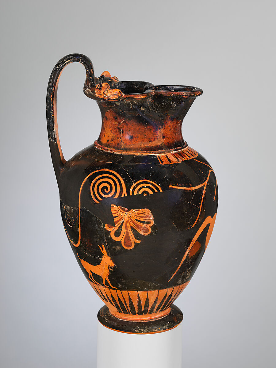 Terracotta oinochoe (jug), Attributed to an artist near the Andokides Painter, Terracotta, Greek, Attic