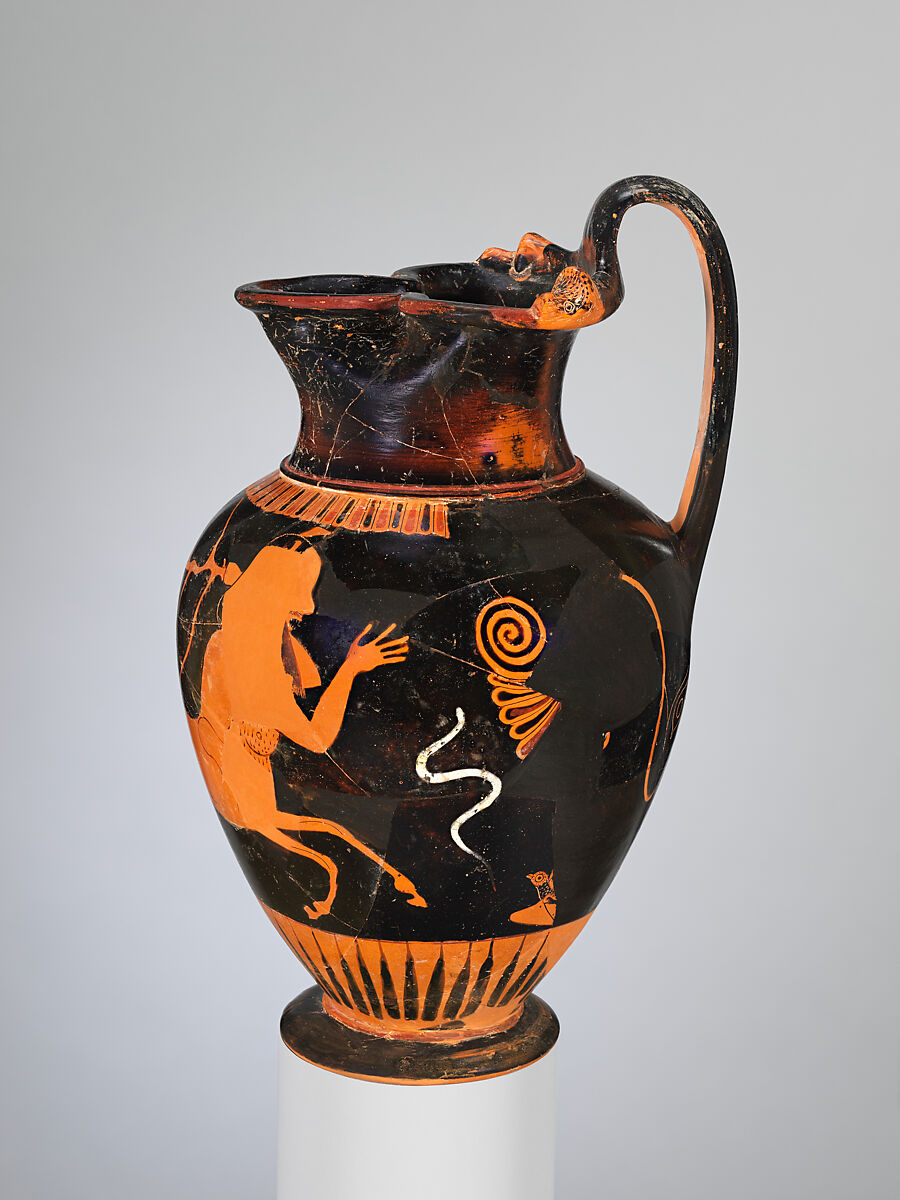 Terracotta oinochoe (jug), Attributed to an artist near the Andokides Painter, Terracotta, Greek, Attic