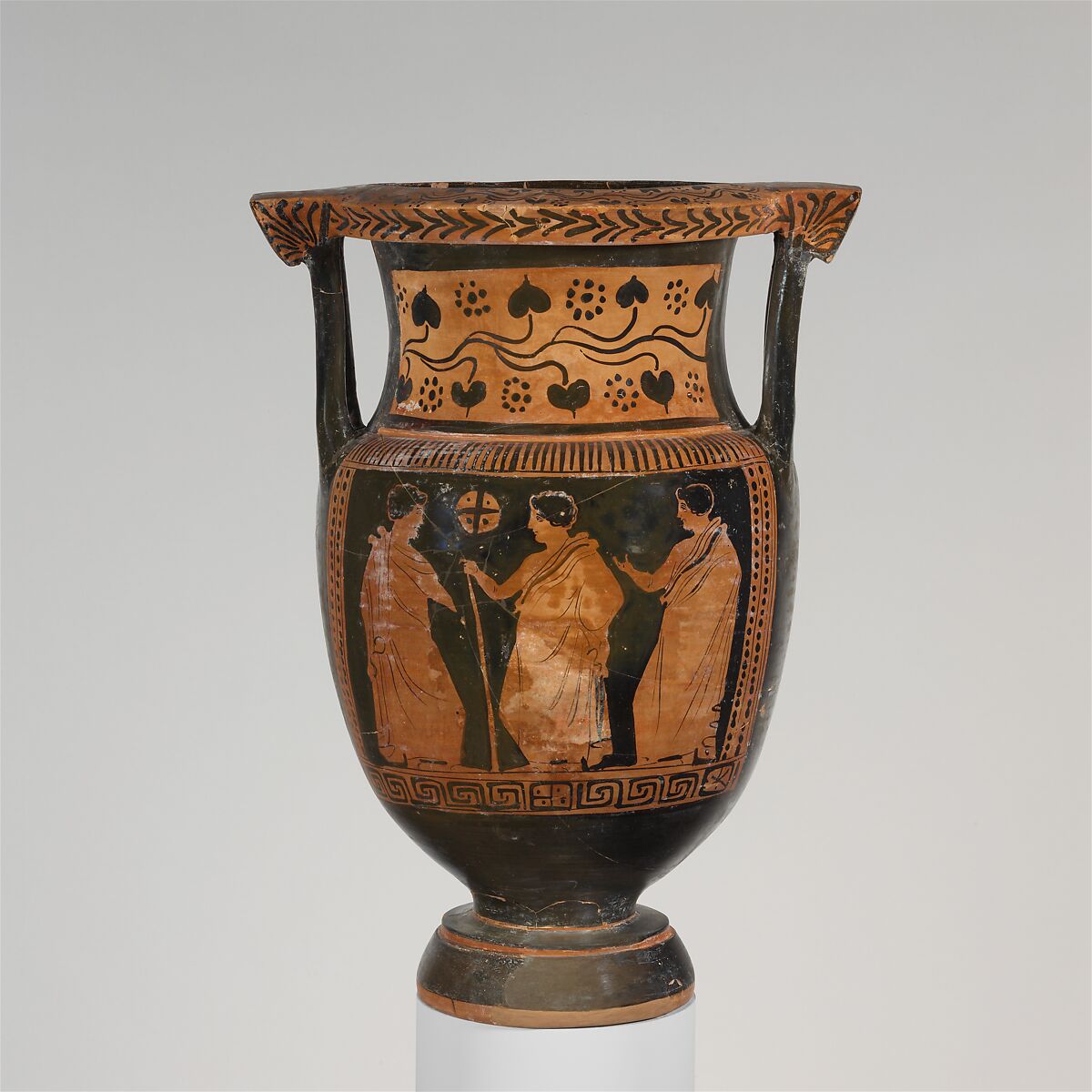 Terracotta column-krater (mixing bowl), Attributed to the Rueff Painter, Terracotta, Greek, South Italian, Apulian