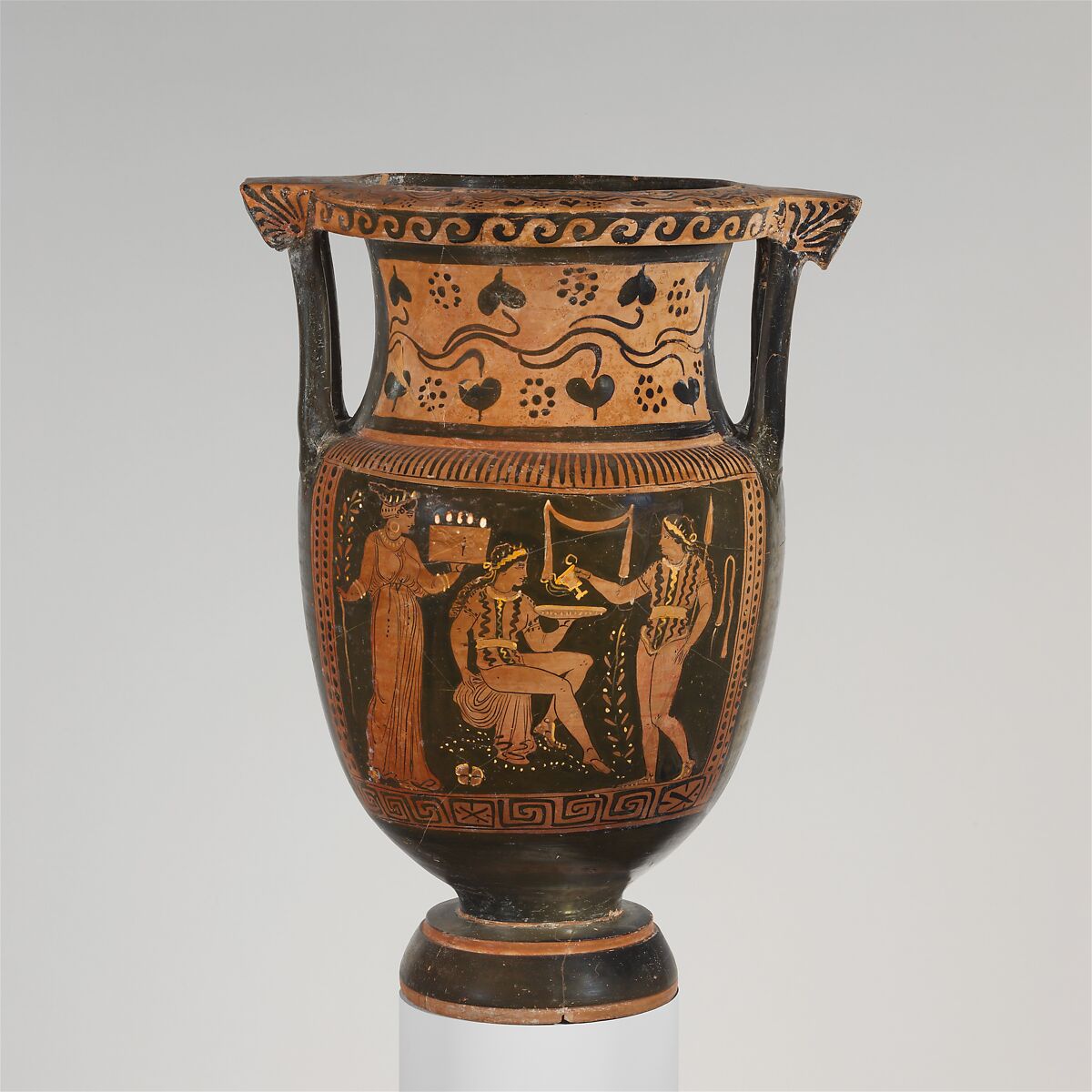 Terracotta column-krater (mixing bowl), Attributed to the Rueff Painter, Terracotta, Greek, South Italian, Apulian 